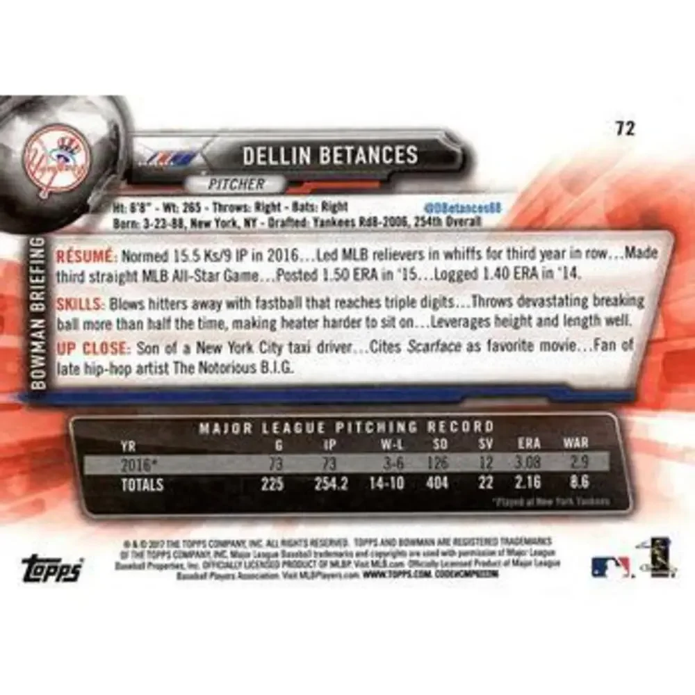 2017 Bowman Dellin Betances # 72 New York Yankees